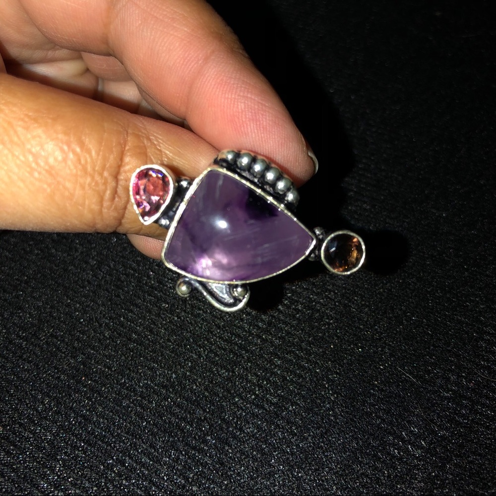 Amethyst, Tourmaline & Smoky Quartz Ring